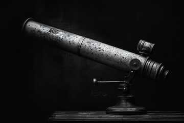 Close-up of telescope on stand, black background