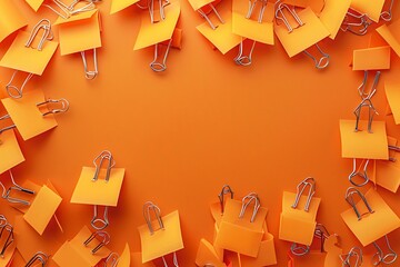 Numerous orange paper clips and clips forming a circle