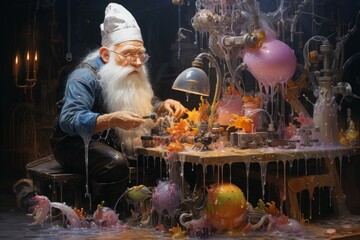 Naklejka premium A quick-witted gnome inventor, creating ingenious gadgets and contraptions to overcome challenges. - Generative AI