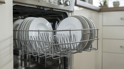 Partially opened dishwasher displaying interior details of kitchen appliance in a home