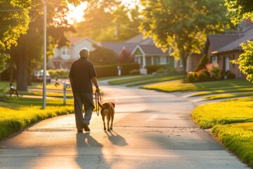 Senior Caucasian man walking his dog during a sunset in a suburban neighborhood, casting long shadows.