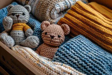 Box filled with knitted teddy bears on bed