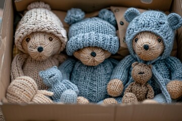 Three teddy bears in box with hats