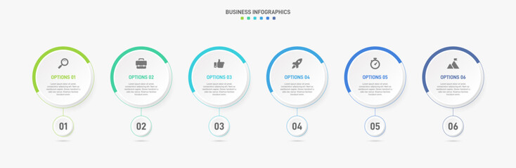 Horizontal progress bar featuring 6 arrow-shaped elements, symbolizing the six stages of business strategy and progression. Clean timeline infographic design template. Vector for presentation