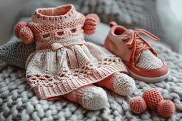 Knit dress, shoes on bed