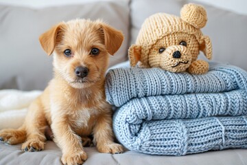 Puppy on couch near blankets