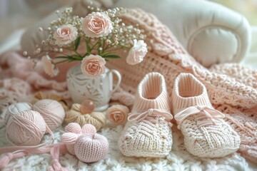 Display of infant footwear and floral arrangement