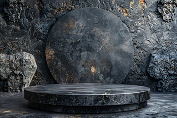 Round table, black marble, rock wall