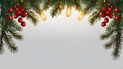 Isolated on a translucent background is a border featuring gold lights, red berries, and green fir trees. Christmas evergreens and pine trees seamless banner. Christmas tree garland decoration in vect