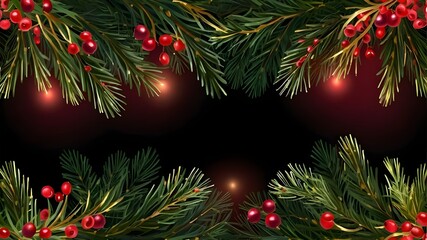 Isolated on a translucent background is a border featuring gold lights, red berries, and green fir trees. Christmas evergreens and pine trees seamless banner. Christmas tree garland decoration in vect