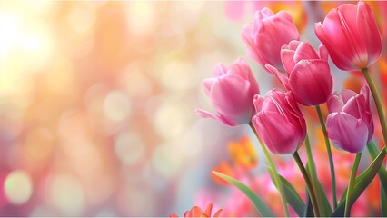 copy space of tulip flowers in the corner over soft blur nature background 