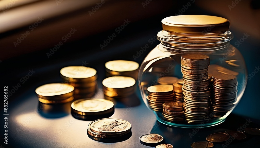 Poster a clear glass jar filled with stacks of coins on a wooden surface illuminated by a warm light.. ai g