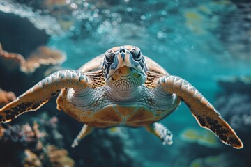Turtle swims amidst fish