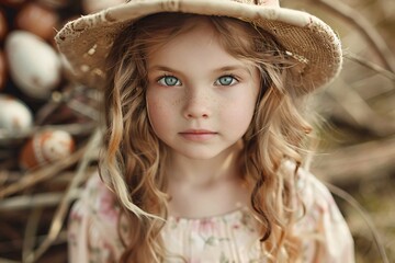 Girl in straw hat by eggs