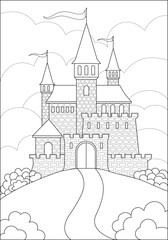 Medieval castle, fortress on a hill against a background of clouds - vector linear picture for coloring. Outline. Fantasy Castle with towers, fortress walls and loopholes and windows for a coloring 