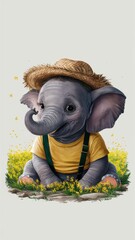 A charming baby elephant with a curved trunk, wearing a straw hat, a yellow T-shirt with suspenders and surrounded by tiny yellow flowers.
