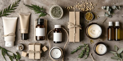 Natural skincare kit laid out on a rustic background, featuring eco-friendly packaging and organic products including oils, creams, and herbal extracts for a green beauty routine