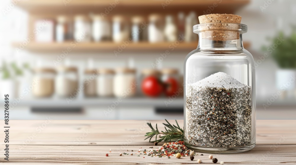 Wall mural salt and pepper seasoning on wooden table with blurred background and space for text - Wall murals