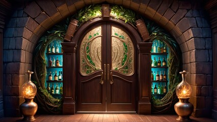 Obraz premium : Enchanted Cellar Entrance with Decorative Wine Shelves