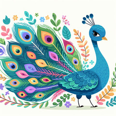 Fototapeta premium Illustration of a peacock with a rainbow tail.