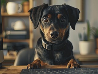A dog-headed IT support specialist provides unwavering assistance and solutions, IT help desk with friendly demeanor, reliable and helpful setting, little minimal style.