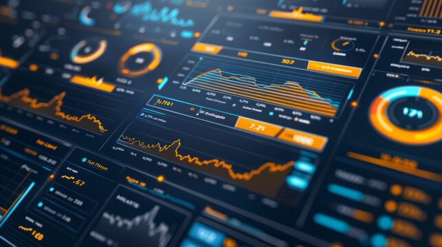 Multiple dashboards displaying real-time data and information are mounted on a wall in a control room.