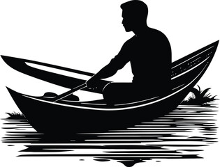 Man in canoe boat black vector silhouette 1