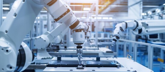 Advanced High Precision Robot Arm inside Bright Electronics Factory.