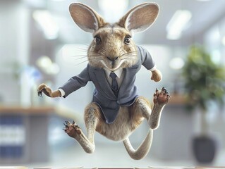 A kangaroo-headed sales manager leaps over obstacles to close deals, dynamic sales floor with high energy, enthusiastic and driven vibe, little minimal style.
