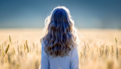 Girl standing in a field of tall, golden wheat under a cloudless sky. Sunlight shines from behind, creating a warm glow around the wheat and highlighting her hair