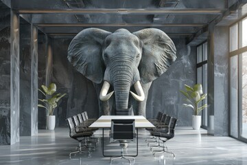 Fototapeta premium An elephant-headed mediator facilitates peaceful resolutions with wisdom and diplomacy, fostering a serene atmosphere in the mediation room through calm discussions and minimalistic style.