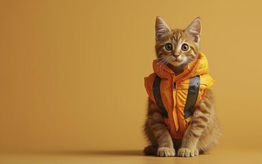 Cat in construction vest on a simple beige background, with space for project manager text ads, little minimal style