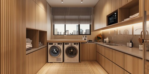 Modern laundry room design in an apartment with sleek appliances, ample storage, and a folding station