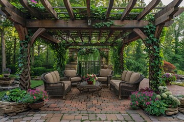 Obraz premium Envision a professionally designed pergola embellished with cascading vines, vibrant flowers, and lush foliage, crafting a serene and elegant atmosphere.