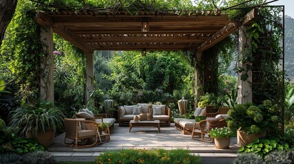 Envision a professionally designed pergola embellished with cascading vines, vibrant flowers, and lush foliage, crafting a serene and elegant atmosphere.
