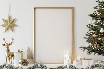 Christmas Mock Up. Vertical Poster Frame with Festive Decor on White Wall Background