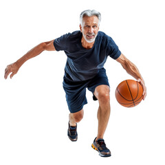 Naklejka premium Fit elderly male in sportswear dribbling a basketball, isolated on a clear background