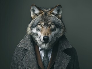 Fototapeta premium Wolf in a suit on a dark gray background, ideal for negotiation expert text ads, little minimal style