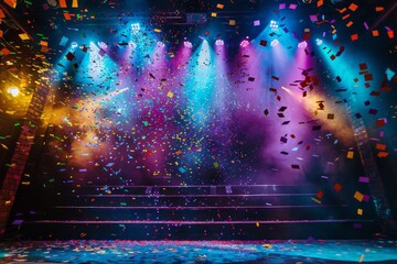 Brightly lit stage covered in colorful confetti falling from above, creating a lively and dynamic...