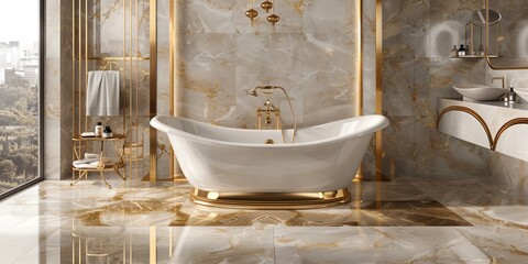 Elegant bathroom with a freestanding tub, marble tiles, and gold fixtures