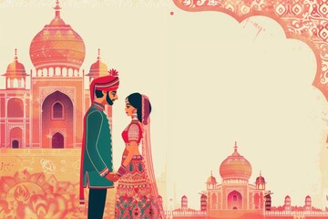 Indian Invitation: Artistic Wedding Card with Bride and Groom Characters for Celebration