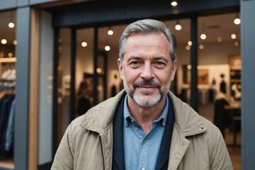 Obraz premium Close Portrait of the owner of a clothing store at the entrance of the new business