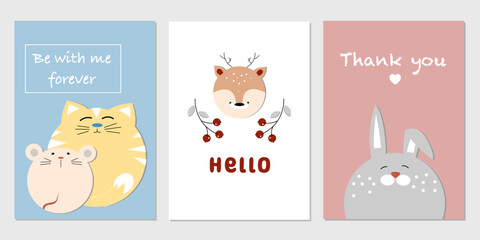 Obraz premium Vector set of cute greeting card with animals hads
