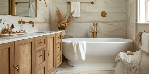 Elegant bathroom with a freestanding tub, marble tiles, and gold fixtures