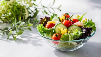 A bowl of a salad with tomatoes, cucumbers and lettuce, AI