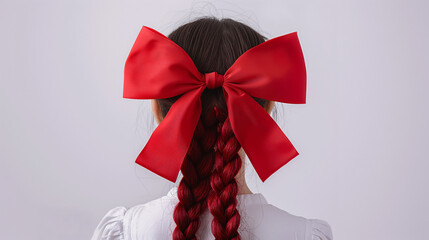 Braided hair tied with red ribbon 