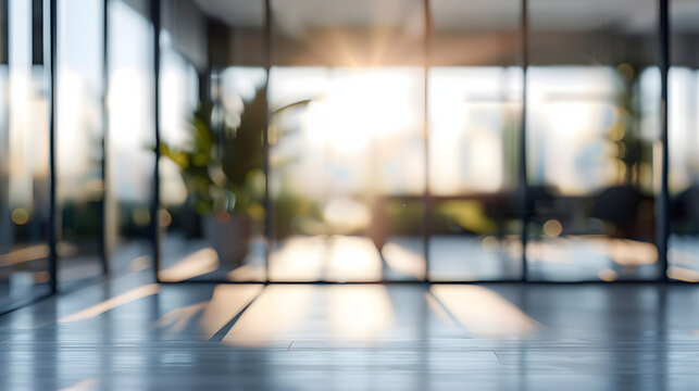 Beautiful blurred background of a light modern office interior with panoramic windows and beautiful lighting.