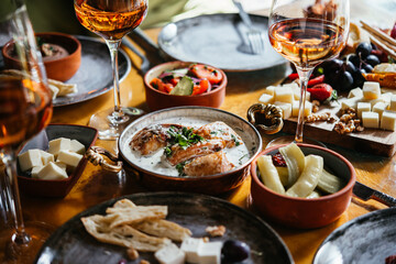 Dinner table served with georgian dish shkmeruli - chicken with creamy garlic sauce with wine and appetizers.