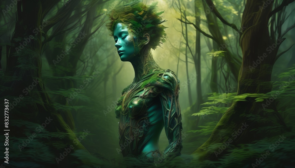 Poster an enchanting portrait of a mystical forest guardian, clad in intricate green armor, standing solemn