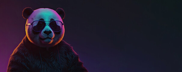 Panda in a sports jacket and glasses on a black and purple gradient background